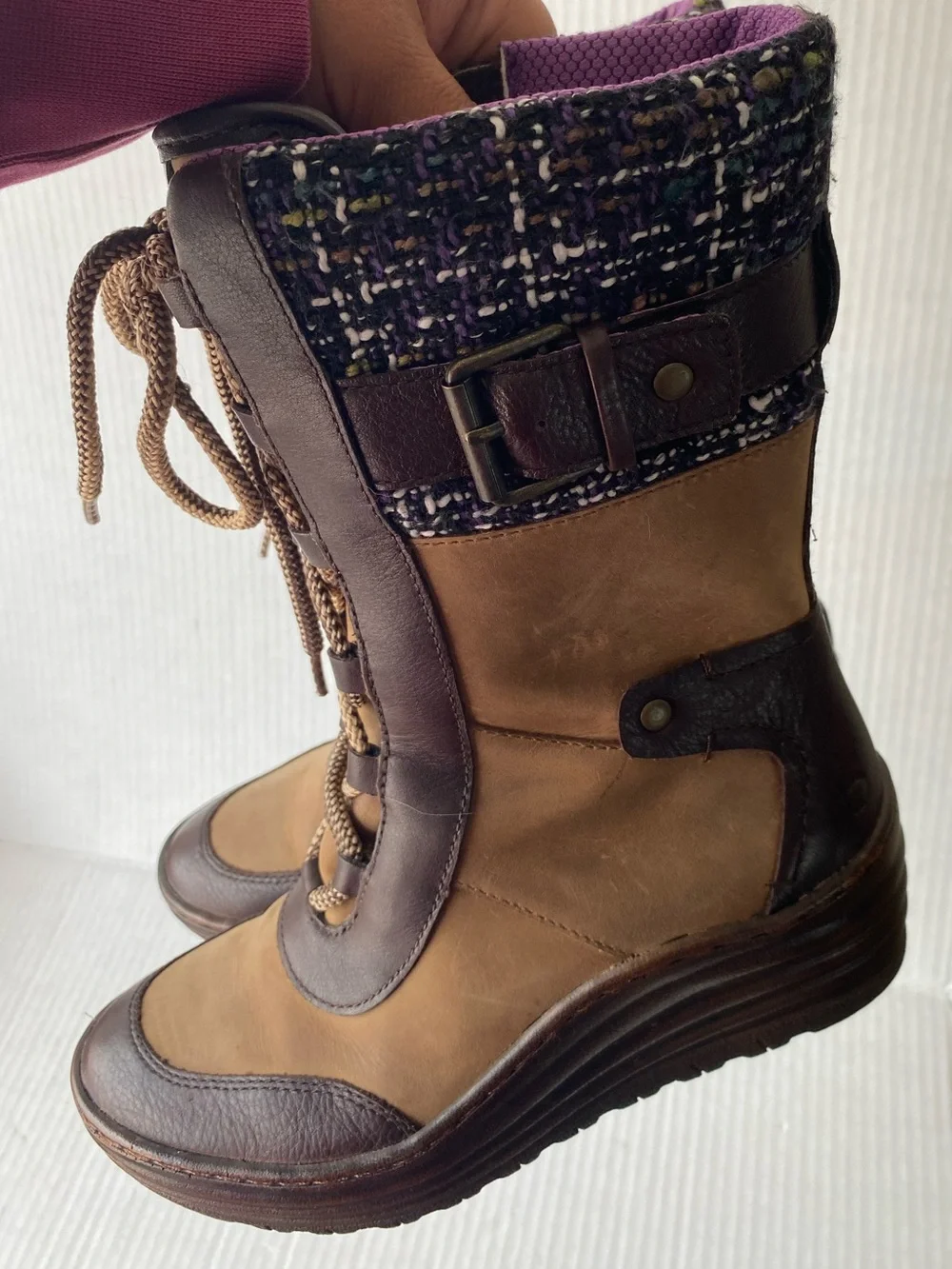 BIONICA Garland Brown Leather Purple Tweed Wedge Snow Boot 6.5 Gorpcore